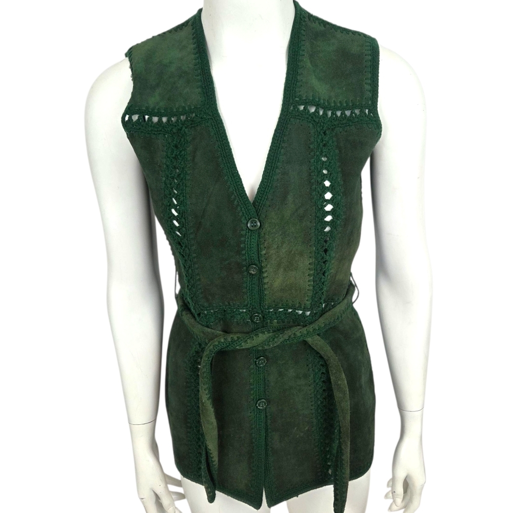 Vintage 70s Suede Leather Crochet Vest Belted Button Womens Small Hippie Western